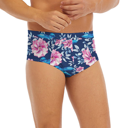 Pink Flowers And Hummingbird Print Men's Briefs
