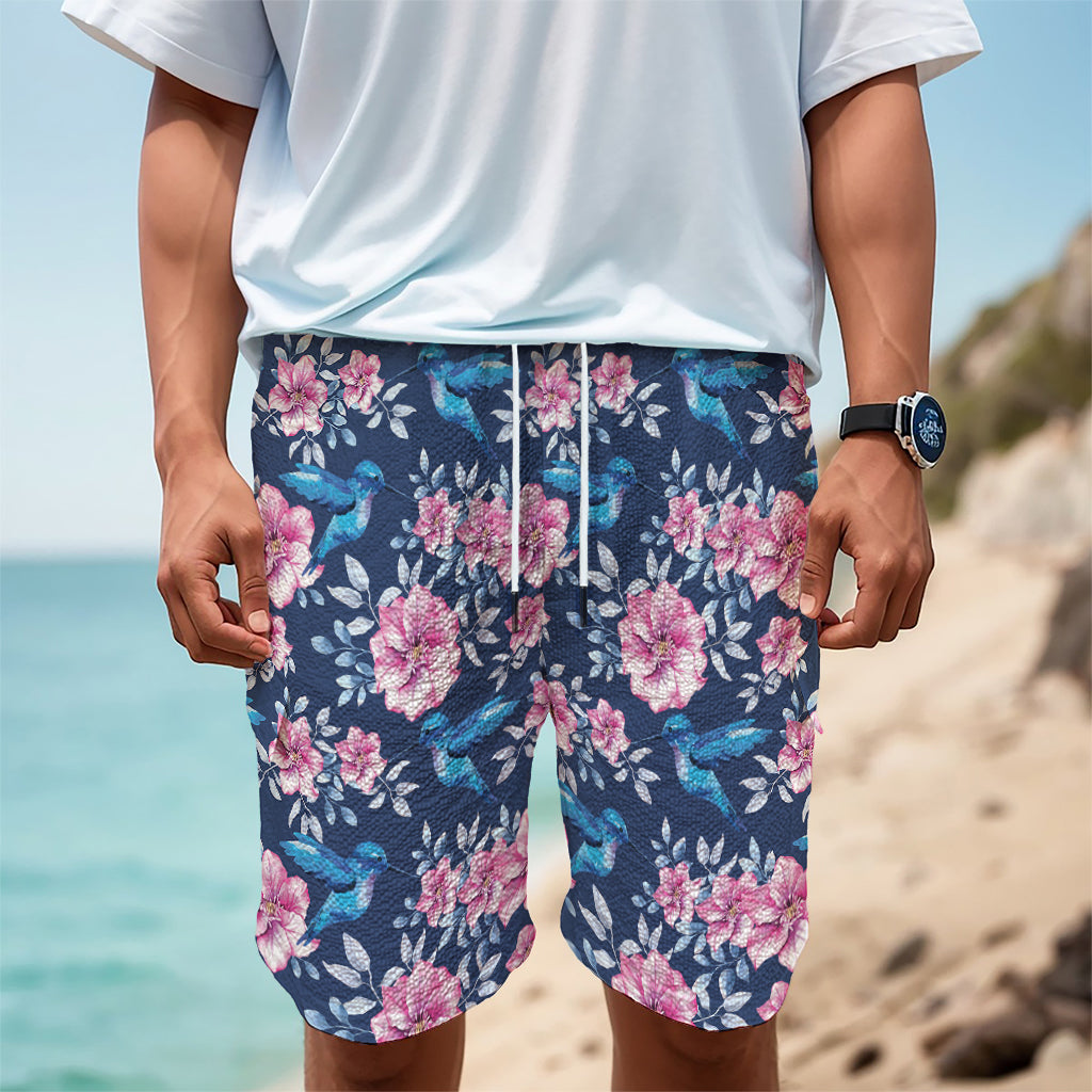 Pink Flowers And Hummingbird Print Men's Cargo Shorts