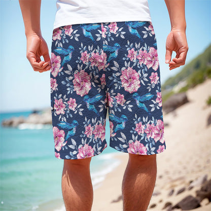 Pink Flowers And Hummingbird Print Men's Cargo Shorts