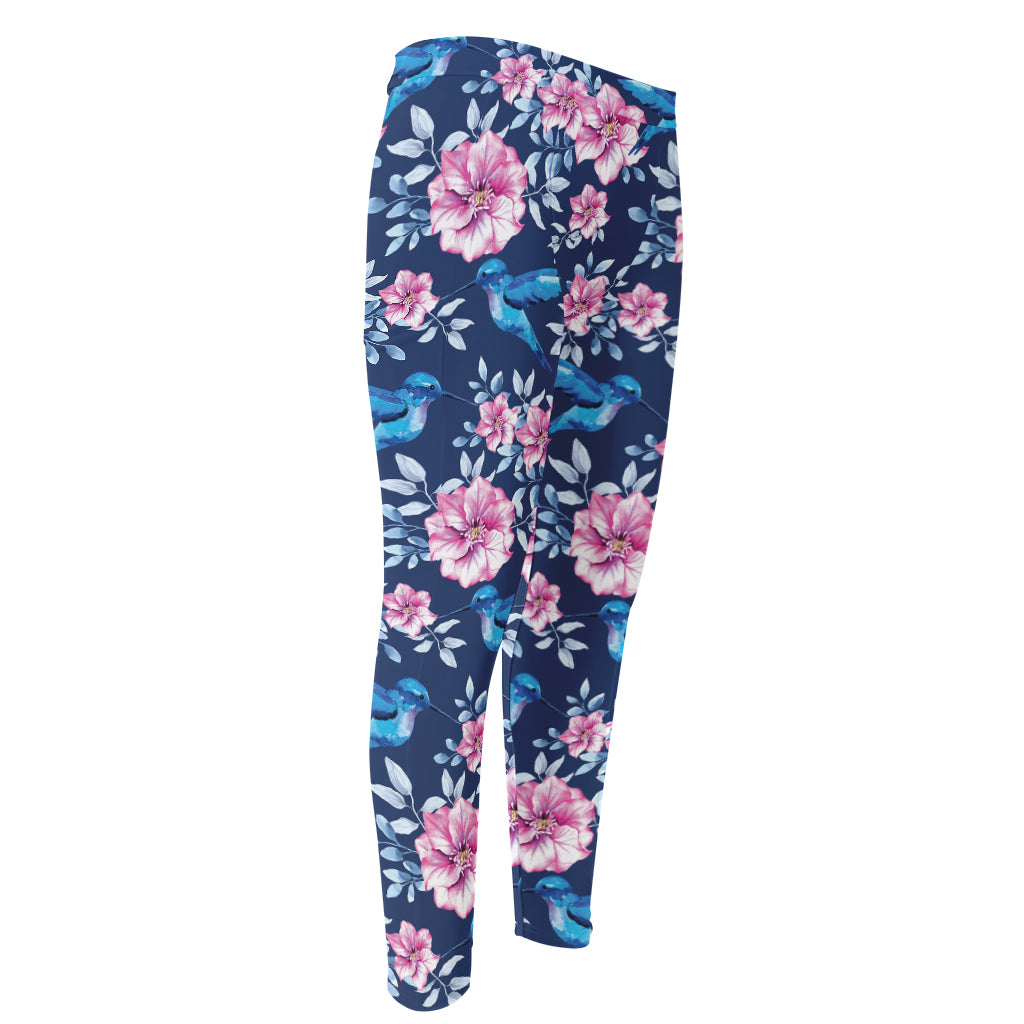 Pink Flowers And Hummingbird Print Men's Compression Pants