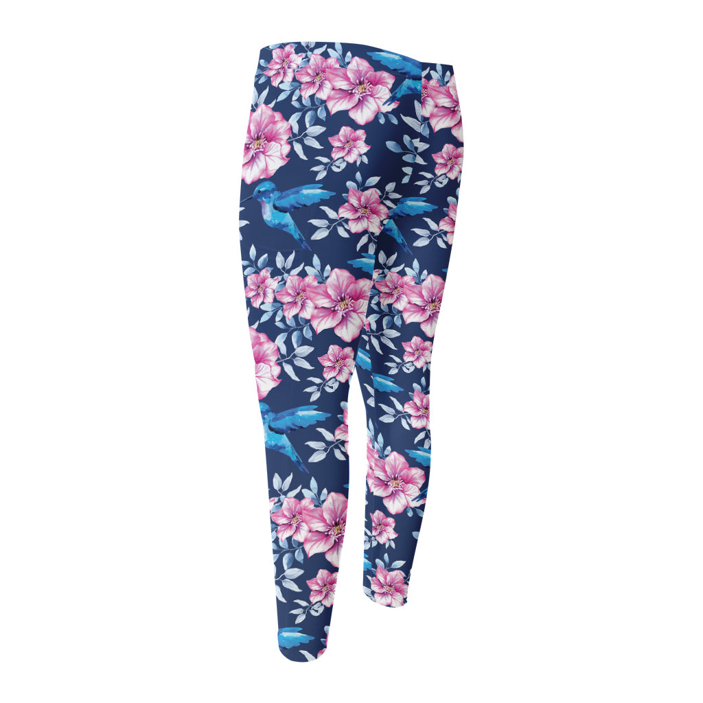 Pink Flowers And Hummingbird Print Men's Compression Pants