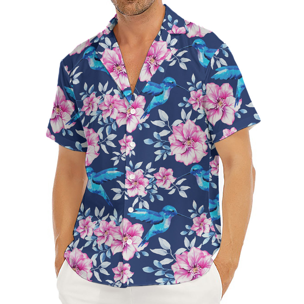 Pink Flowers And Hummingbird Print Men's Deep V-Neck Shirt