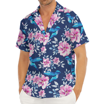 Pink Flowers And Hummingbird Print Men's Deep V-Neck Shirt