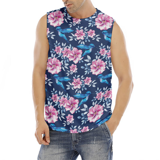 Pink Flowers And Hummingbird Print Men's Fitness Tank Top