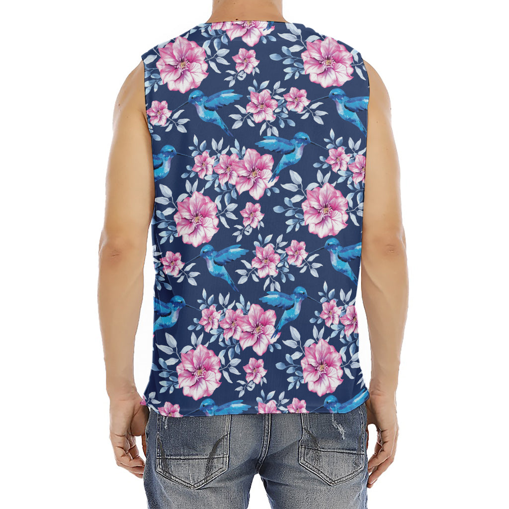 Pink Flowers And Hummingbird Print Men's Fitness Tank Top