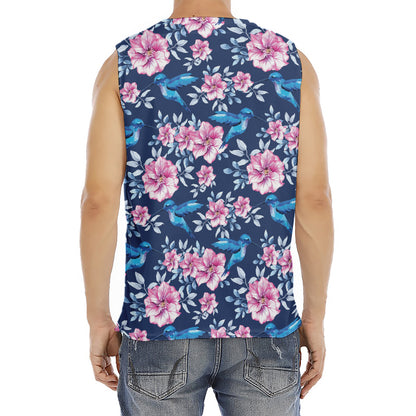 Pink Flowers And Hummingbird Print Men's Fitness Tank Top