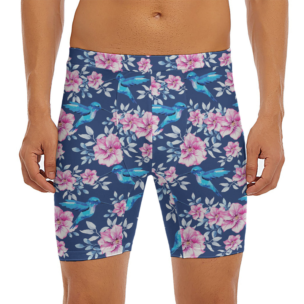 Pink Flowers And Hummingbird Print Men's Long Boxer Briefs