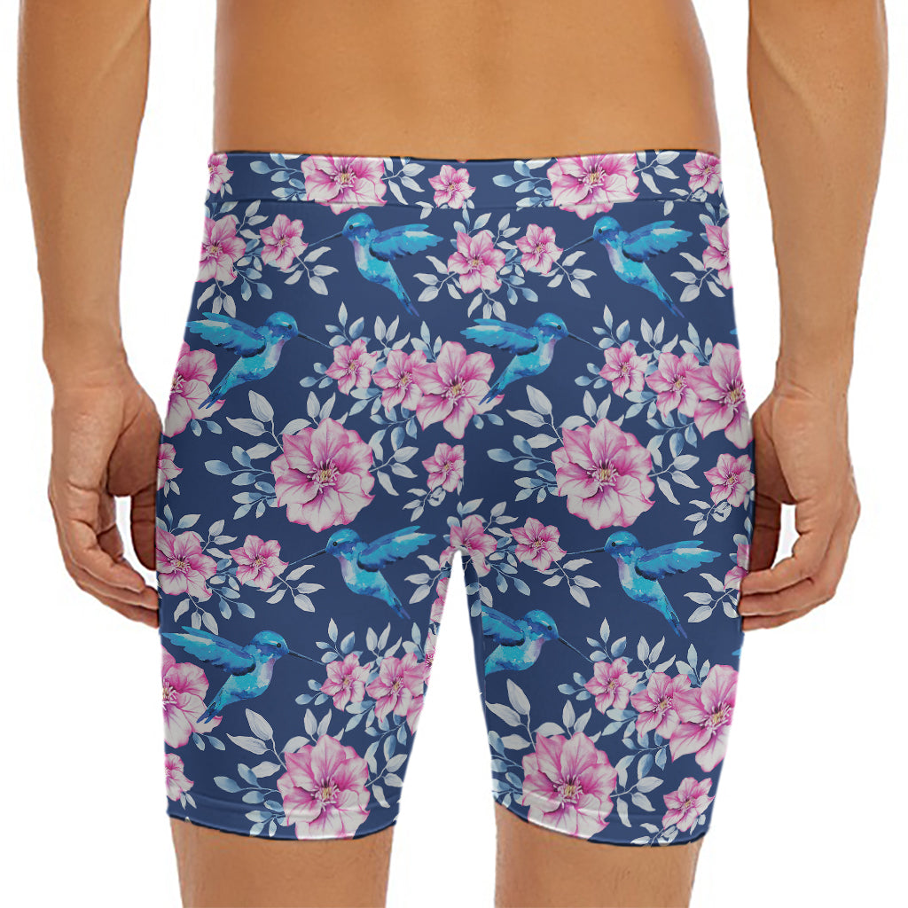 Pink Flowers And Hummingbird Print Men's Long Boxer Briefs