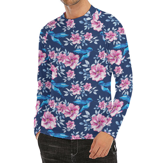 Pink Flowers And Hummingbird Print Men's Long Sleeve Rash Guard