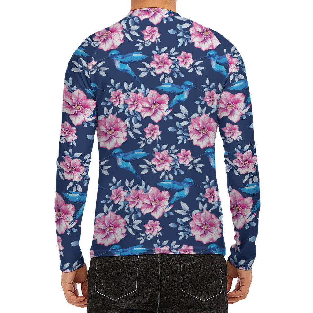 Pink Flowers And Hummingbird Print Men's Long Sleeve Rash Guard