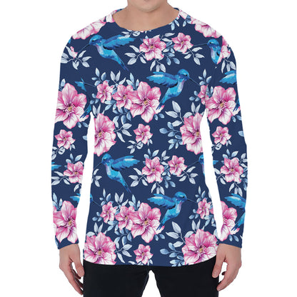 Pink Flowers And Hummingbird Print Men's Long Sleeve T-Shirt