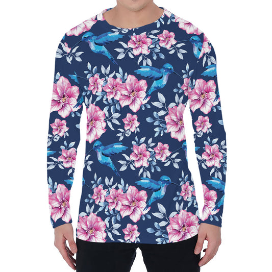 Pink Flowers And Hummingbird Print Men's Long Sleeve T-Shirt
