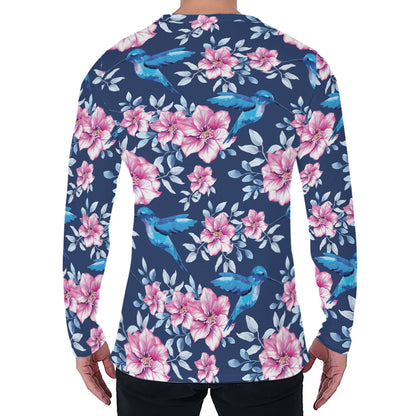 Pink Flowers And Hummingbird Print Men's Long Sleeve T-Shirt