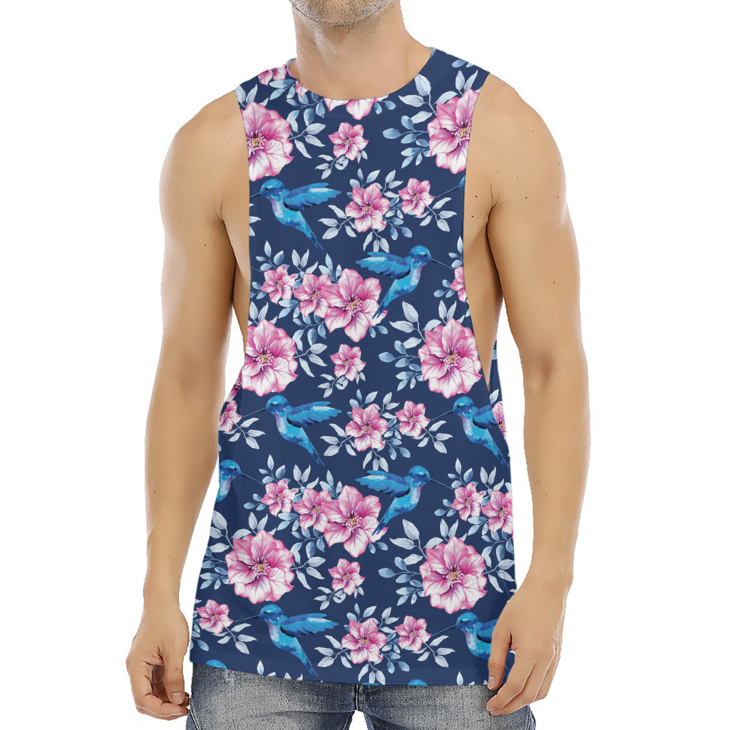 Pink Flowers And Hummingbird Print Men's Muscle Tank Top