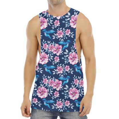 Pink Flowers And Hummingbird Print Men's Muscle Tank Top