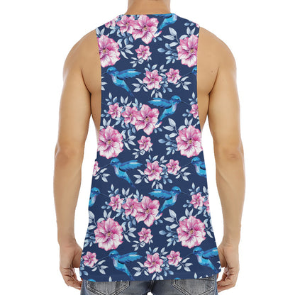 Pink Flowers And Hummingbird Print Men's Muscle Tank Top