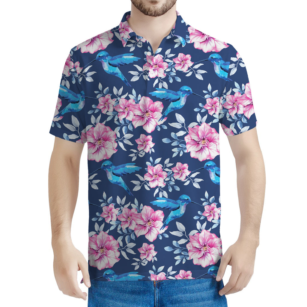 Pink Flowers And Hummingbird Print Men's Polo Shirt