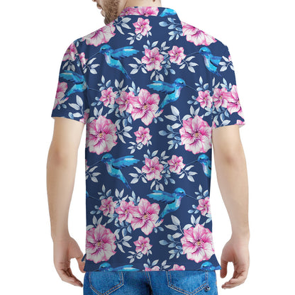 Pink Flowers And Hummingbird Print Men's Polo Shirt