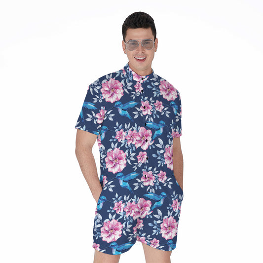 Pink Flowers And Hummingbird Print Men's Rompers