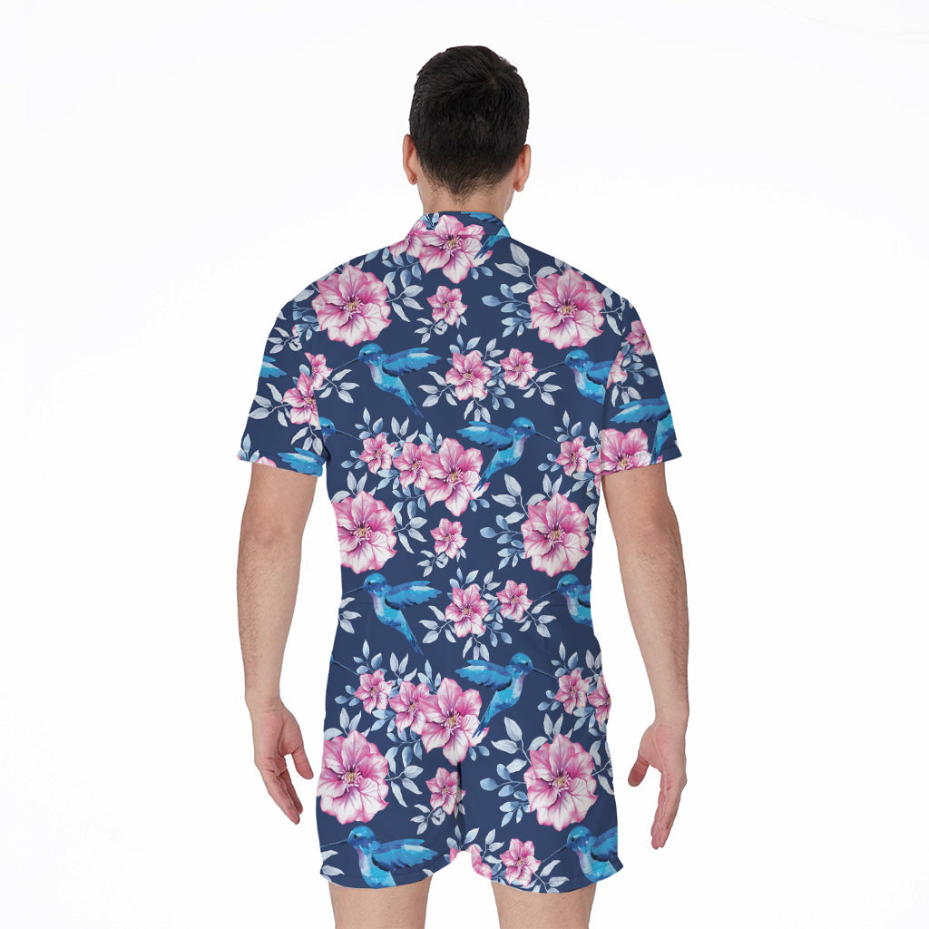 Pink Flowers And Hummingbird Print Men's Rompers