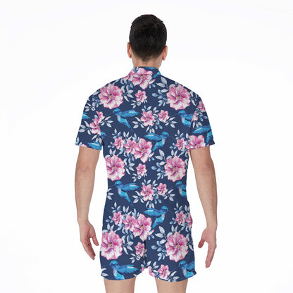 Pink Flowers And Hummingbird Print Men's Rompers