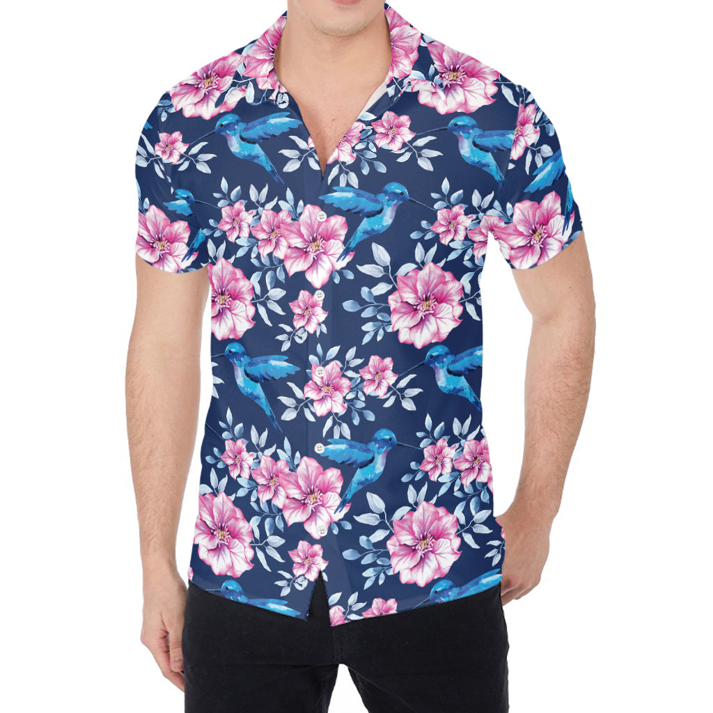 Pink Flowers And Hummingbird Print Men's Shirt