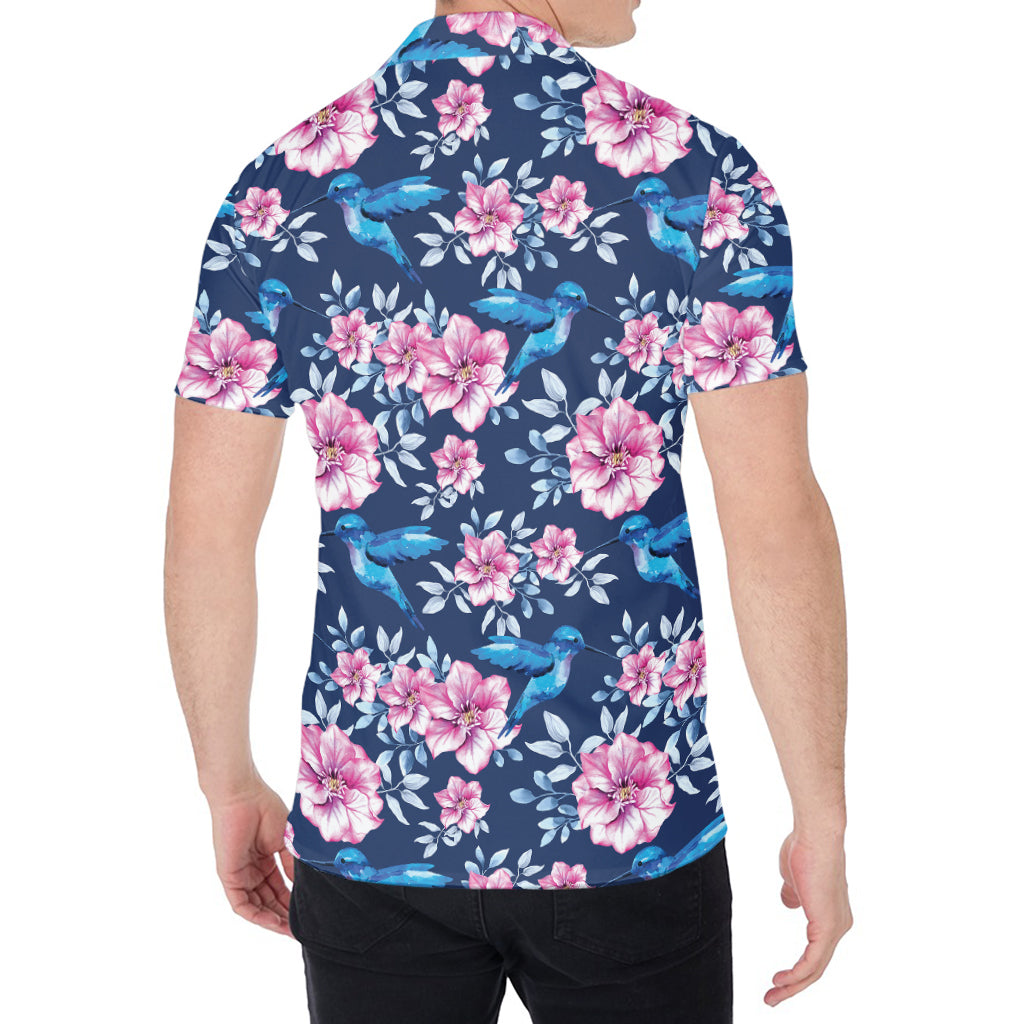 Pink Flowers And Hummingbird Print Men's Shirt