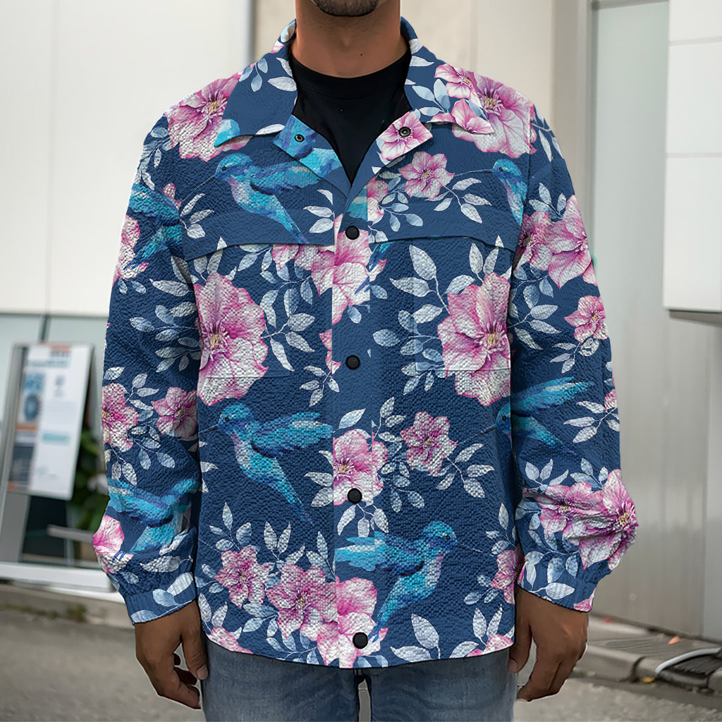 Pink Flowers And Hummingbird Print Men's Shirt Jacket