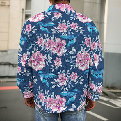 Pink Flowers And Hummingbird Print Men's Shirt Jacket