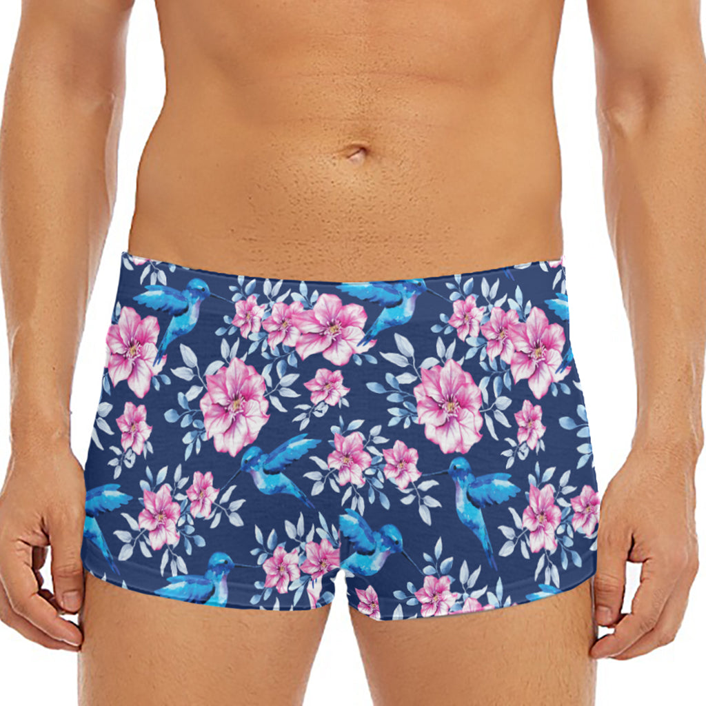 Pink Flowers And Hummingbird Print Men's Short Boxer Briefs