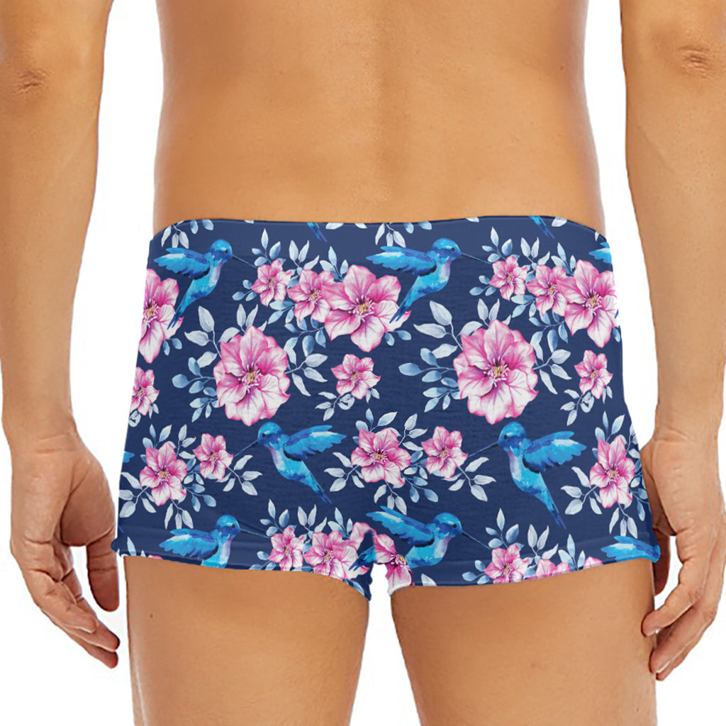 Pink Flowers And Hummingbird Print Men's Short Boxer Briefs