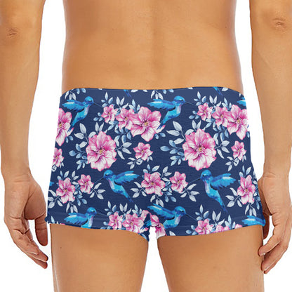 Pink Flowers And Hummingbird Print Men's Short Boxer Briefs
