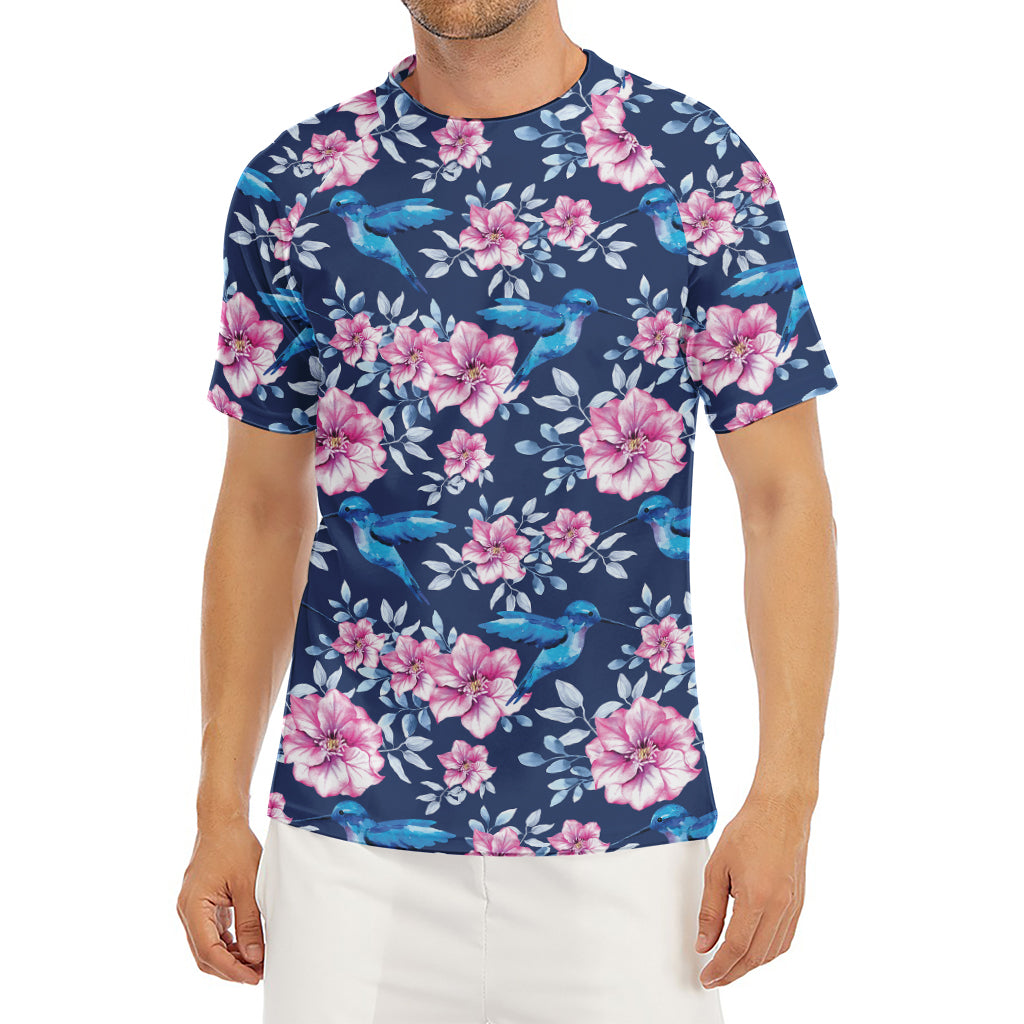 Pink Flowers And Hummingbird Print Men's Short Sleeve Rash Guard
