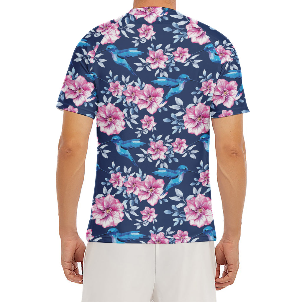 Pink Flowers And Hummingbird Print Men's Short Sleeve Rash Guard
