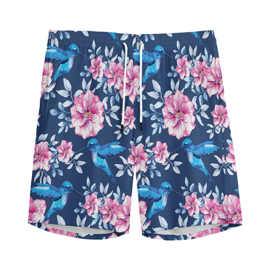 Pink Flowers And Hummingbird Print Men's Sports Shorts