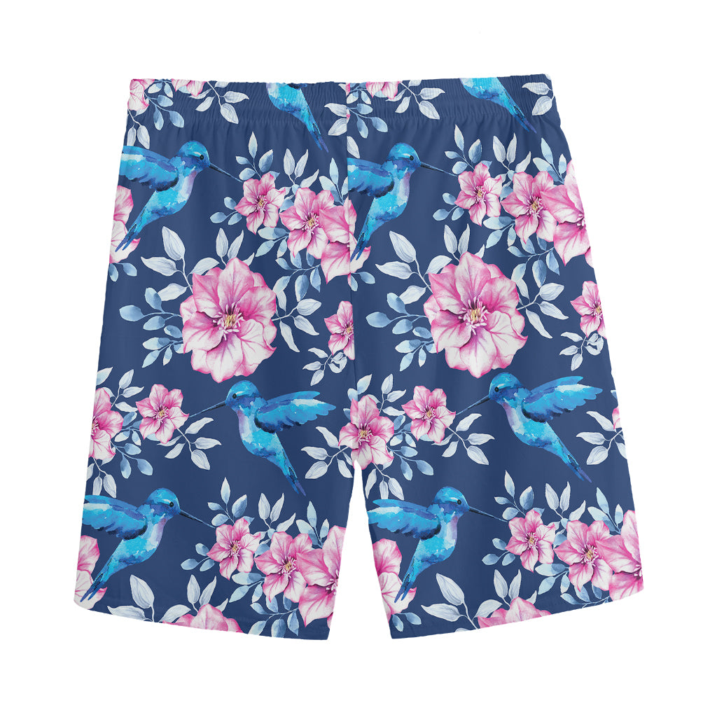 Pink Flowers And Hummingbird Print Men's Sports Shorts