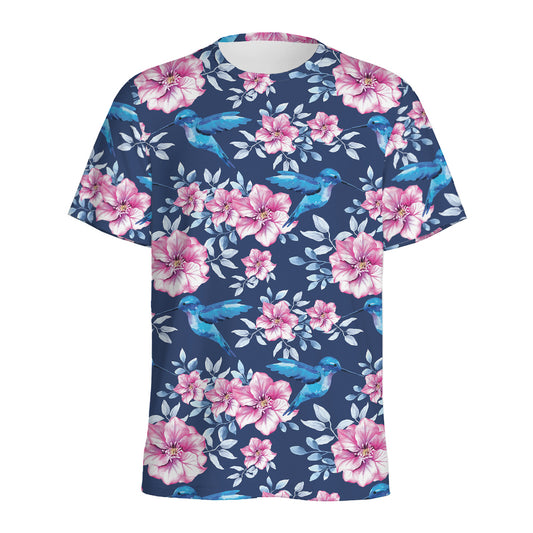 Pink Flowers And Hummingbird Print Men's Sports T-Shirt