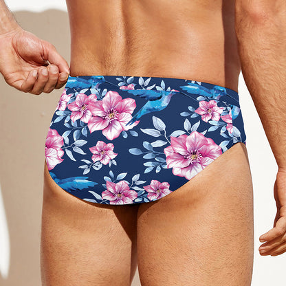 Pink Flowers And Hummingbird Print Men's Swim Briefs