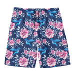 Pink Flowers And Hummingbird Print Men's Swim Trunks