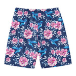 Pink Flowers And Hummingbird Print Men's Swim Trunks