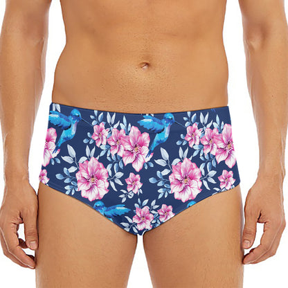 Pink Flowers And Hummingbird Print Men's Triangle Swim Briefs