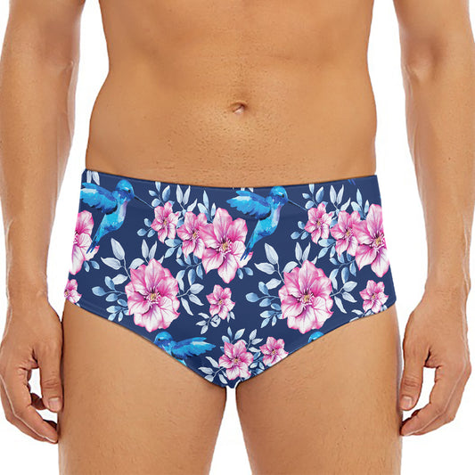 Pink Flowers And Hummingbird Print Men's Triangle Swim Briefs