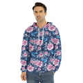 Pink Flowers And Hummingbird Print Men's Velvet Pullover Hoodie