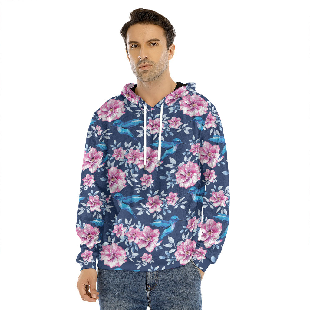 Pink Flowers And Hummingbird Print Men's Velvet Pullover Hoodie