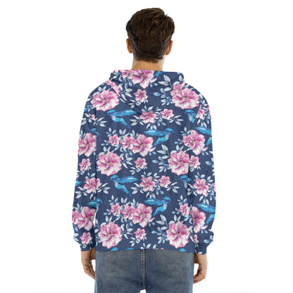 Pink Flowers And Hummingbird Print Men's Velvet Pullover Hoodie