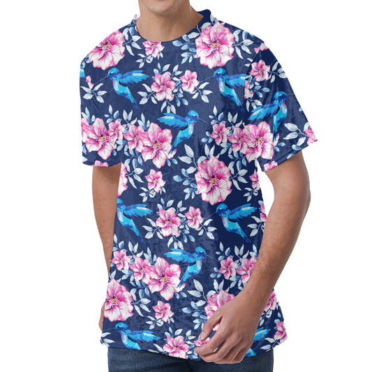Pink Flowers And Hummingbird Print Men's Velvet T-Shirt