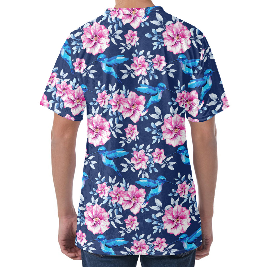 Pink Flowers And Hummingbird Print Men's Velvet T-Shirt