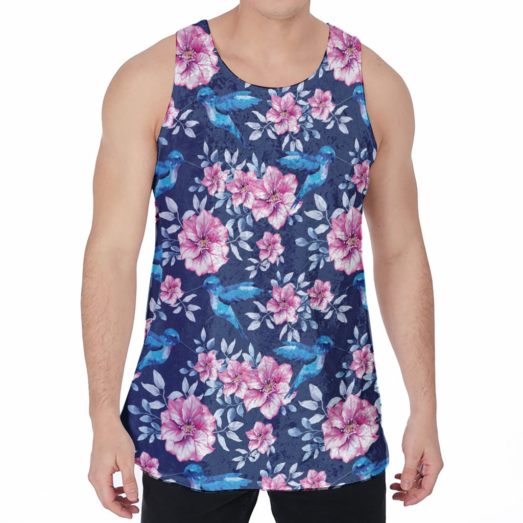 Pink Flowers And Hummingbird Print Men's Velvet Tank Top