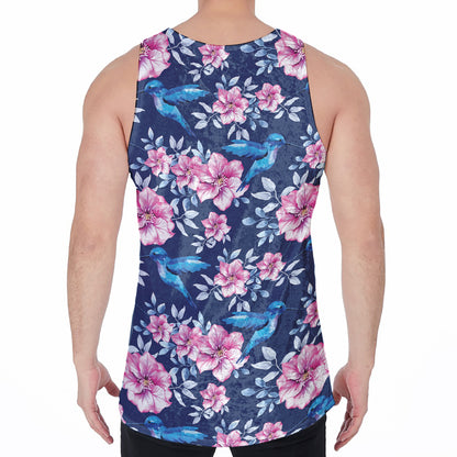 Pink Flowers And Hummingbird Print Men's Velvet Tank Top