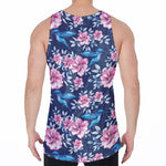 Pink Flowers And Hummingbird Print Men's Velvet Tank Top